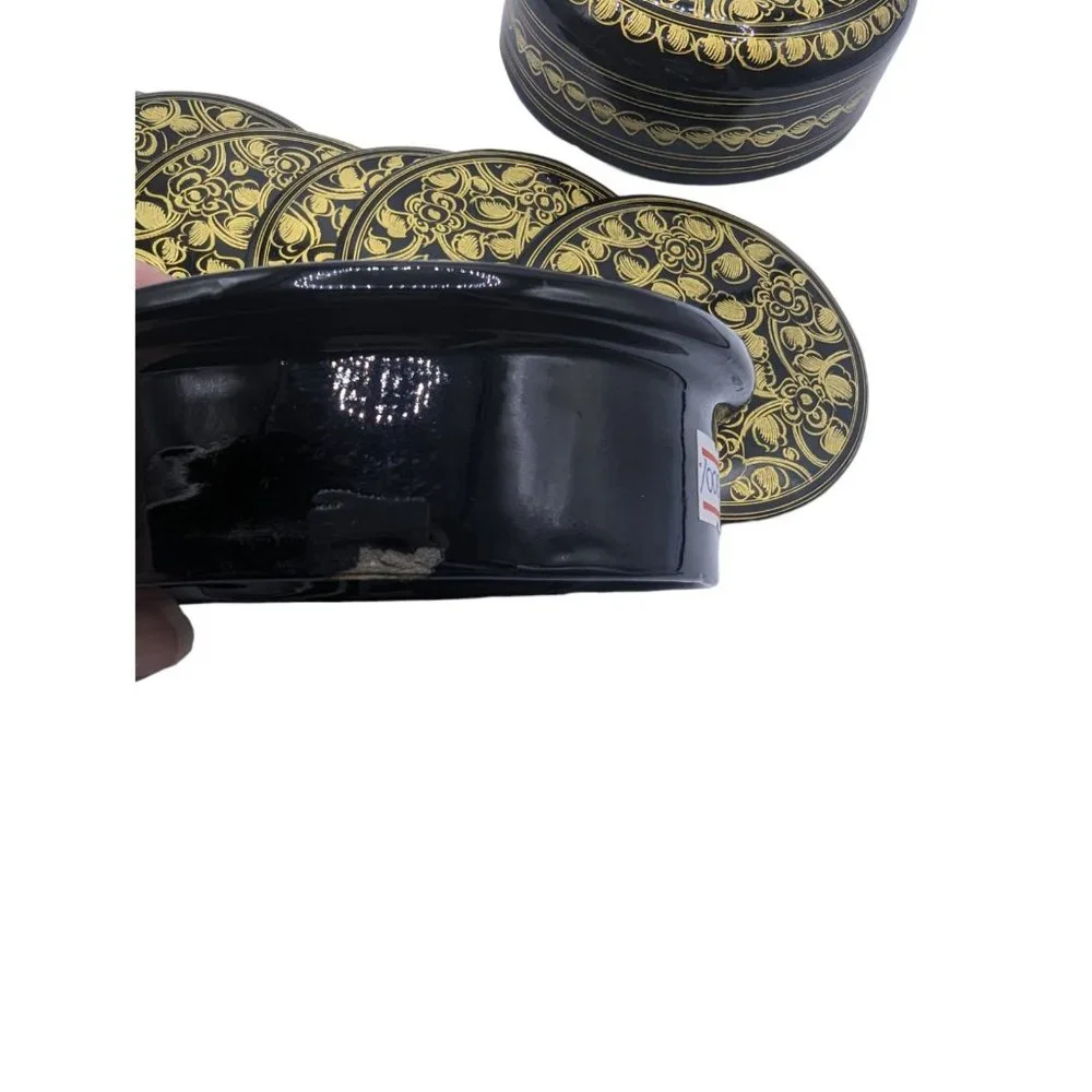 Vtg Kashmiri Hand Printed Lacquerware Box With 6 Coasters Black And Gold